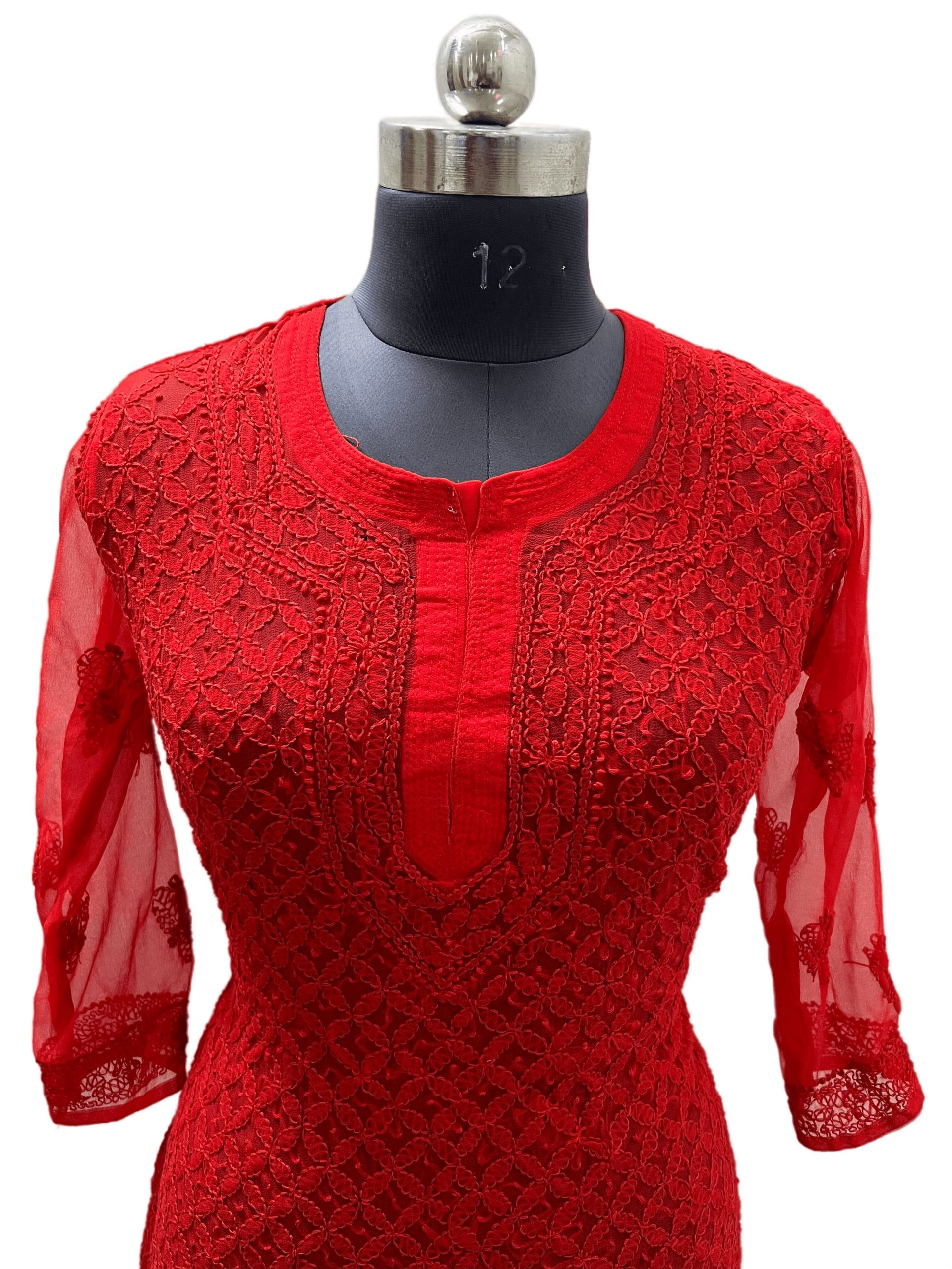 stylish Attractive transparent net kurtis neck design red colour net kurthi  Solid Self Design American Crepe
