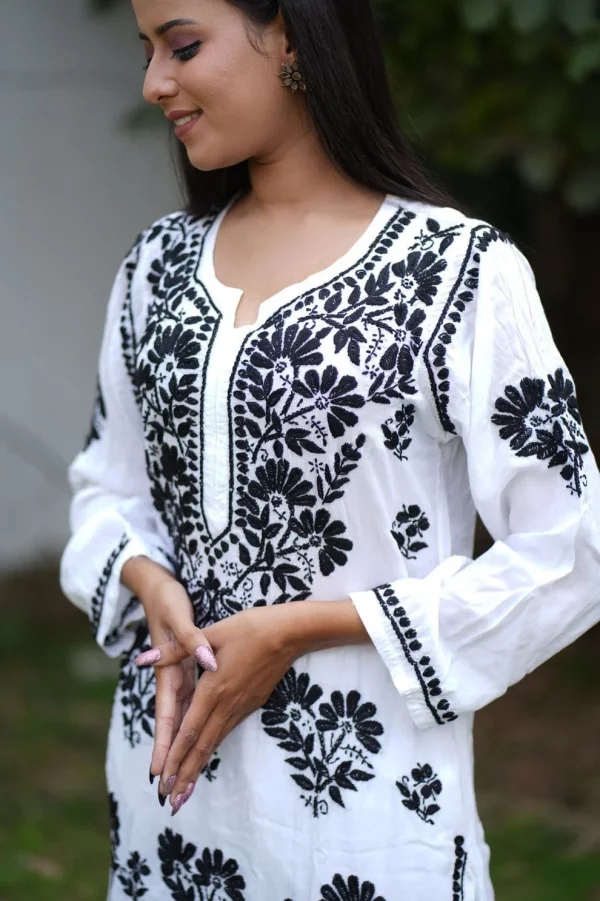 MODAL KURTI WITH FLOWER EMBRIDERY WITH WHITE PANT WITH FREE GIFT INSIDE