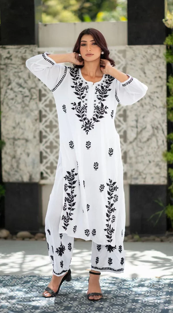 WHITE MODAL SET WITH BLACK AFGANI EMBROIDERY